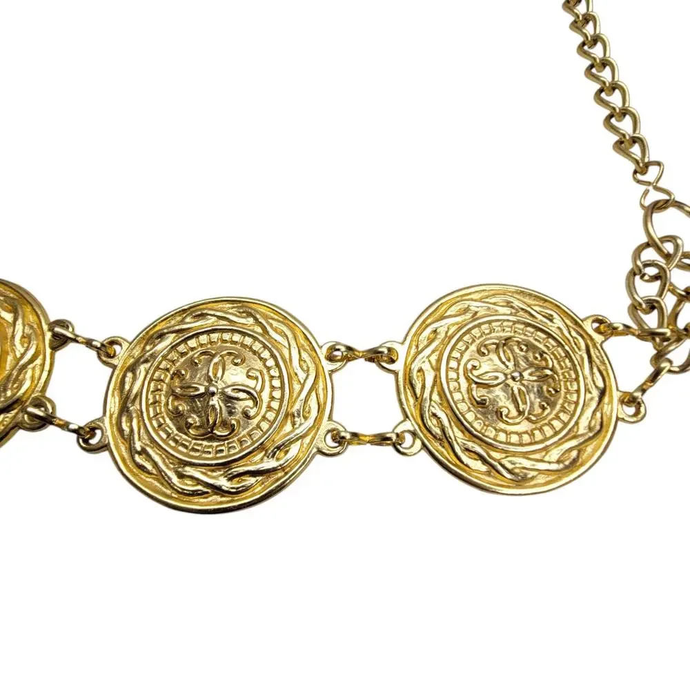 Vintage Gold Tone Medallion Chain Belt Baroque Coin Crest Adjustable Waist